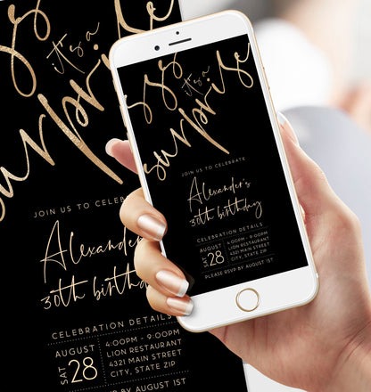 Digital Black Gold 40th Forty Shhh its a surprise, Electronic birthday invitation template, Editable Text Message Invite, Custom Phone Evite