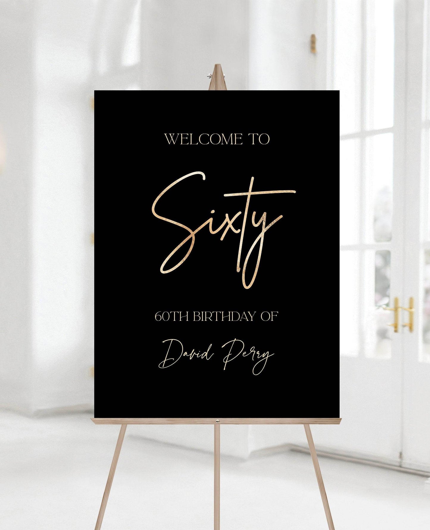 Printable 60th Birthday Welcome Sign, Black Gold Foil Editable Poster, Modern 60th Party Sign, DIY Birthday Decoration, Instant Download