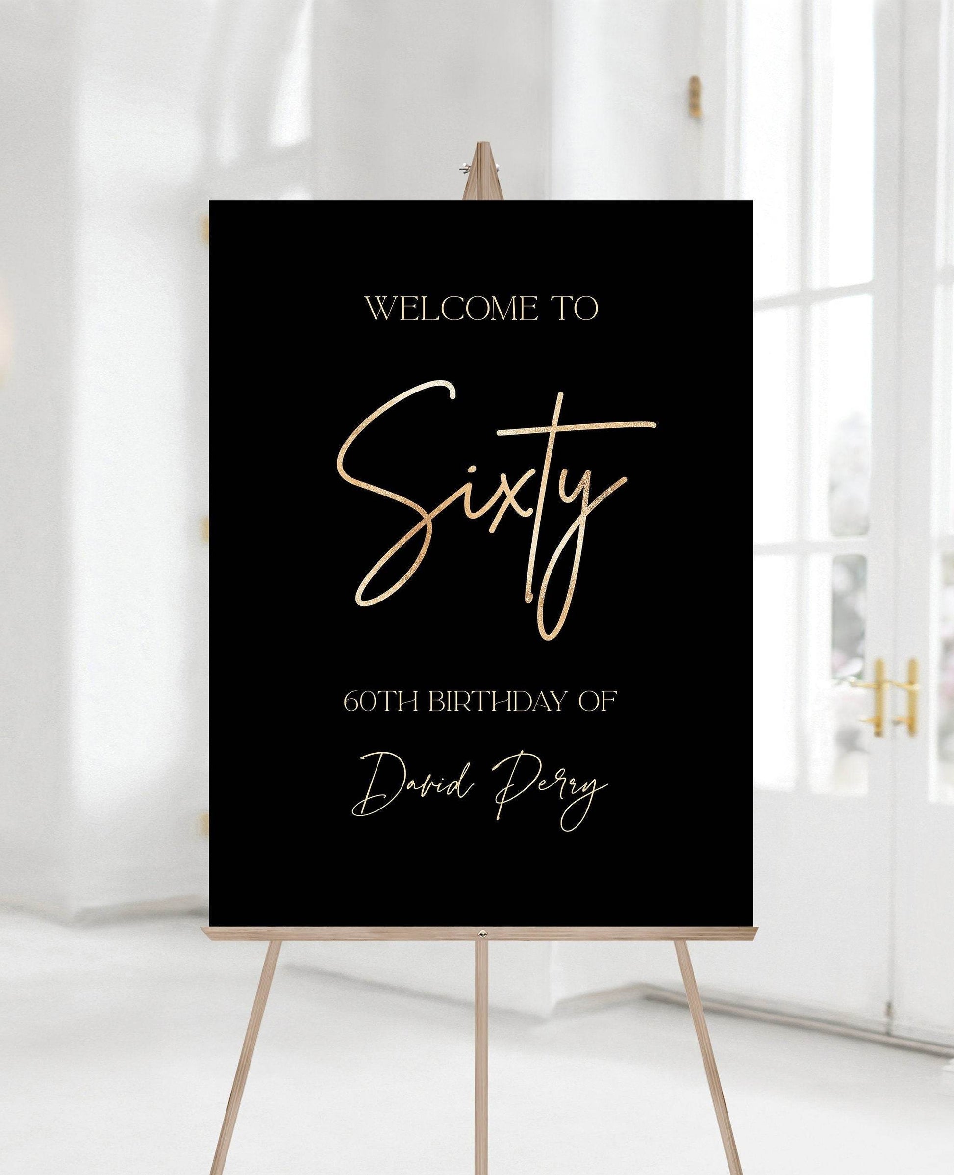Printable 60th Birthday Welcome Sign, Black Gold Foil Editable Poster, Modern 60th Party Sign, DIY Birthday Decoration, Instant Download