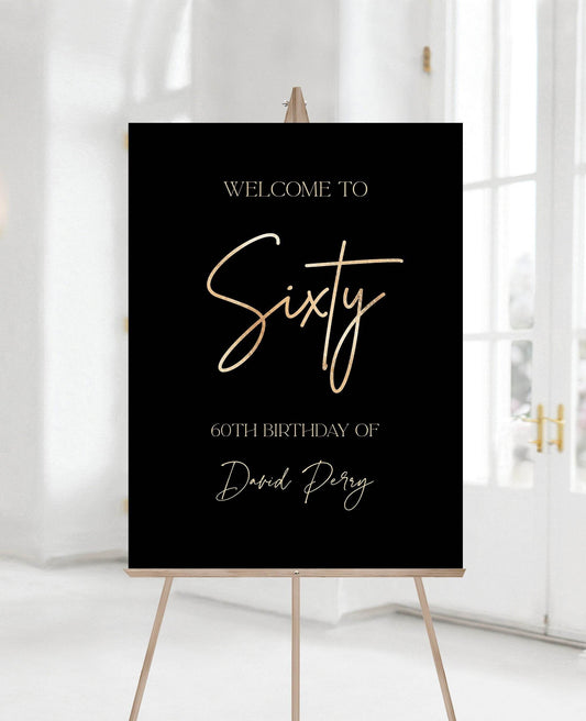 Printable 60th Birthday Welcome Sign, Black Gold Foil Editable Poster, Modern 60th Party Sign, DIY Birthday Decoration, Instant Download