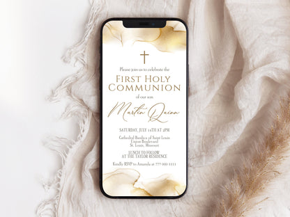 Gold Foil First Communion Invite, Baptism Evite, Christening Invitation Template, Digital Invitation, Text Message Invite, Instant Download
