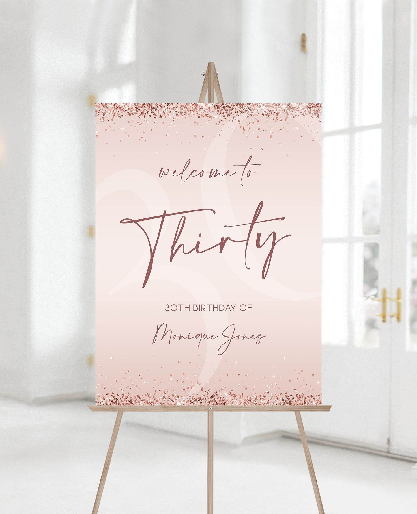 Printable 30th Birthday Welcome Sign, Editable Rose Gold Glitter Party Poster, Pink Confetti Thirty Birthday Sign Template, Instant Download