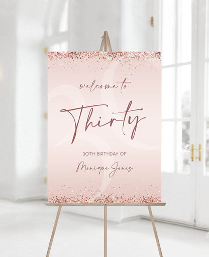 Printable 30th Birthday Welcome Sign, Editable Rose Gold Glitter Party Poster, Pink Confetti Thirty Birthday Sign Template, Instant Download