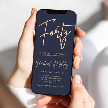 Navy Gold 40th Birthday Electronic Invitation – Editable Digital Evite Template – Text Message or Email Invite – Mens 40th Birthday Party Invite