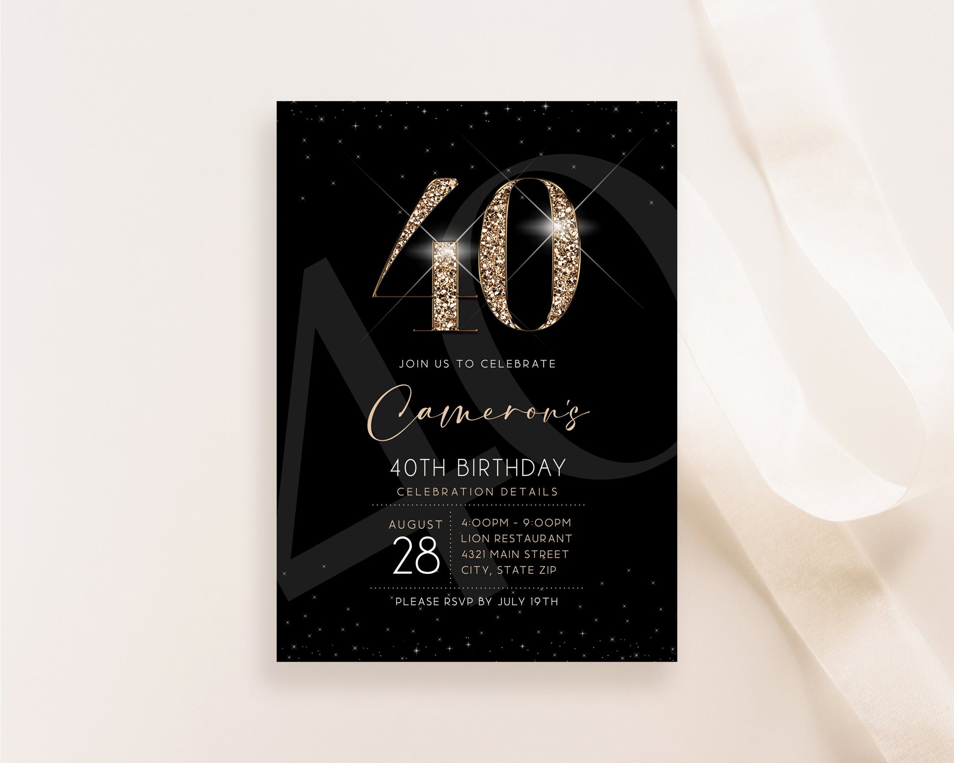 Luxury 40th Forty Birthday Invitation Template, Printable Black Gold Men's Invite, Editable Invitation, Elegant Invite, Email Text Message