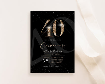 Luxury 40th Forty Birthday Invitation Template, Printable Black Gold Men's Invite, Editable Invitation, Elegant Invite, Email Text Message