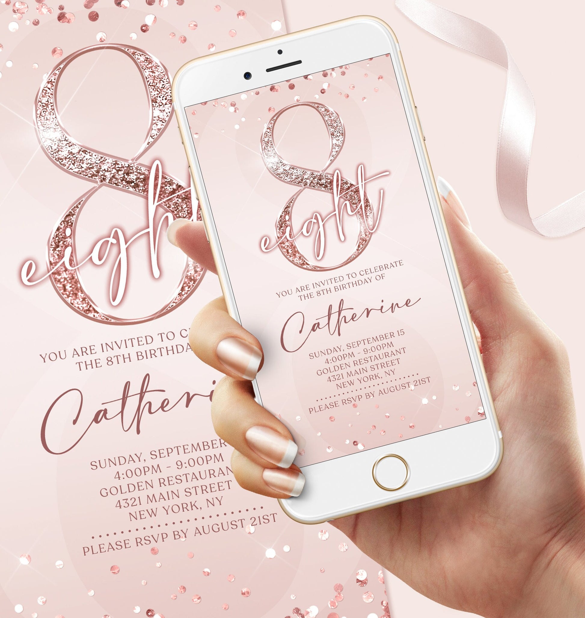 Pink 8th Birthday Invitation Template | Rose Gold Foil Details | Editable Evite