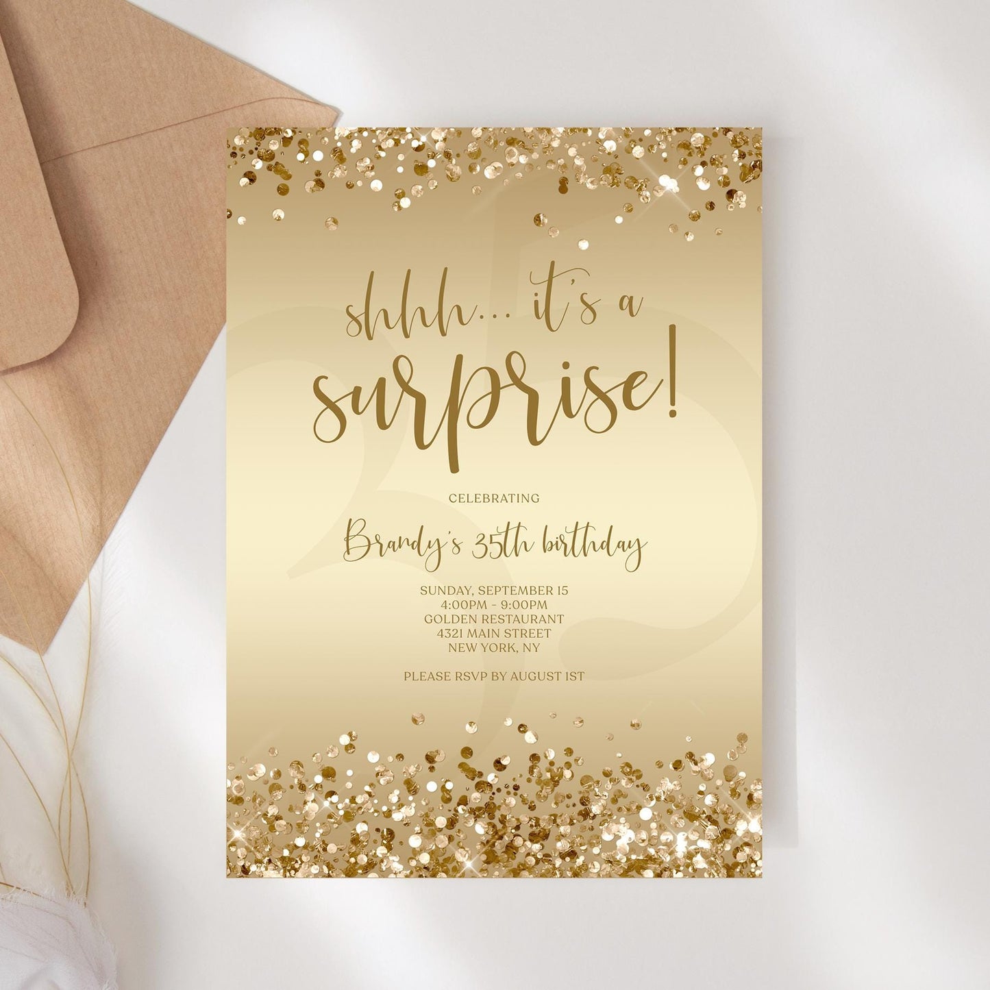 Gold Surprise Party Invitation Template - Editable Birthday Invite