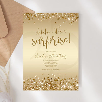 Gold Surprise Party Invitation Template - Editable Birthday Invite