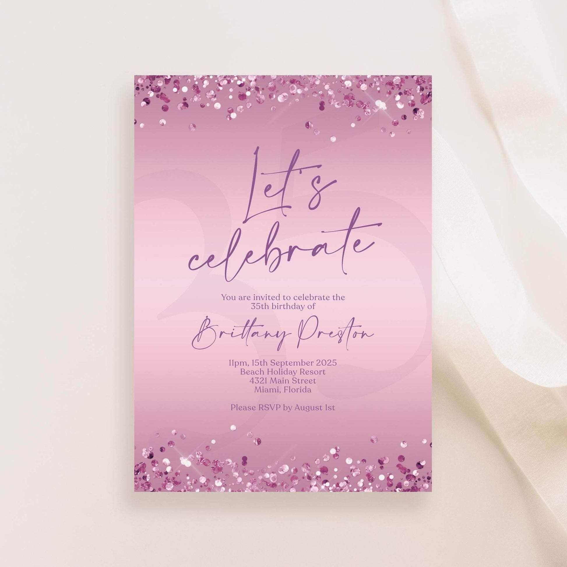 Printable Purple Let's Celebrate Invitation Template, Ladies Birthday Celebration Invite, Editable Text Message Invitation, Any Age Birthday
