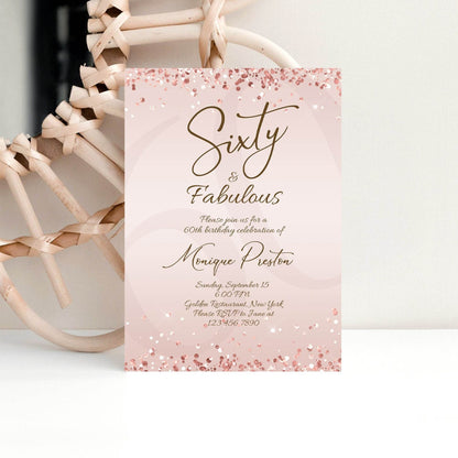 Rose Gold 60th Birthday Invitation for Her – Sixty & Fabulous Surprise Party Invite | Editable Women’s Birthday Template | Printable Digital Download