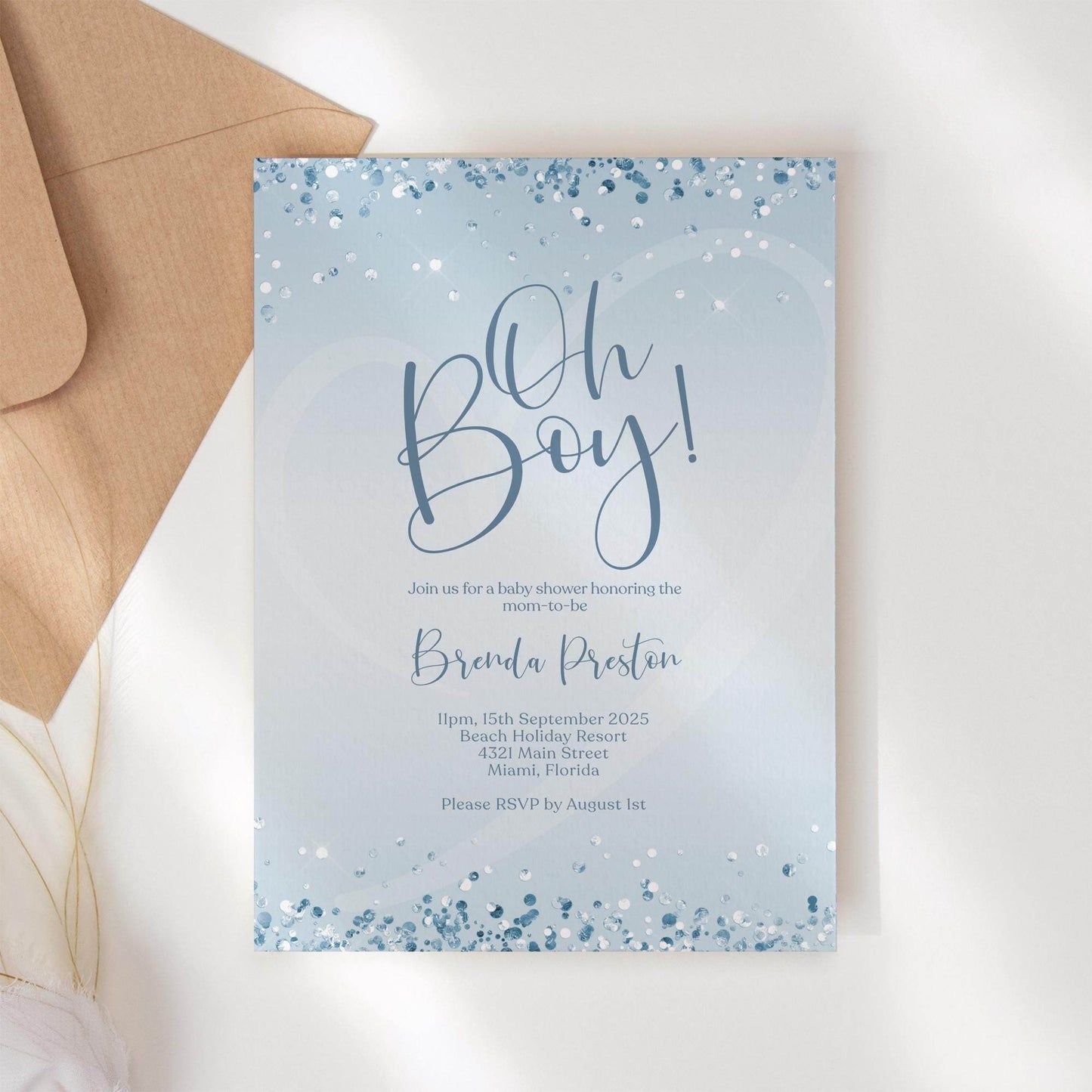 Blue Silver Oh Boy Baby Shower Invitation Template | Editable Boy Baby Shower Invite | Modern Printable Invitation | Digital Download Card