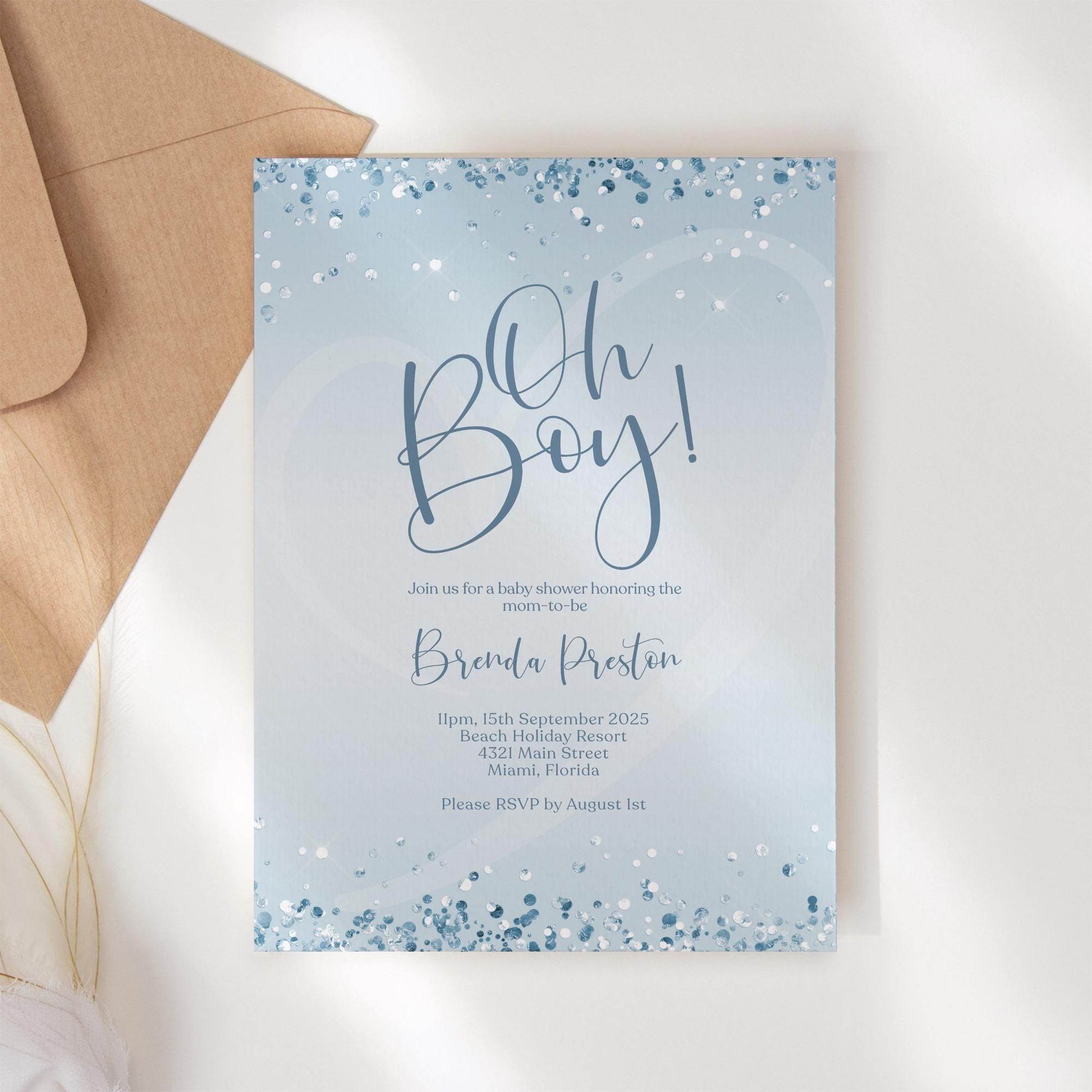 Blue Silver Oh Boy Baby Shower Invitation Template | Editable Boy Baby Shower Invite | Modern Printable Invitation | Digital Download Card