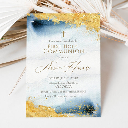 Blue Gold Watercolor First Communion Invitation Template, Printable Boy First Holy Communion Invite, Editable Baptism Invitation Template