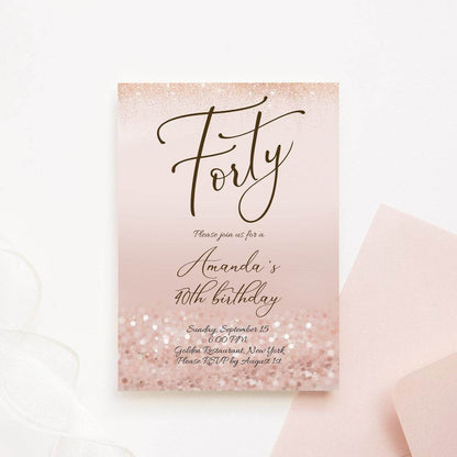 Printable 40th Forty Birthday Invitation Template, Editable Rose Gold Confetti Invite, Pink Women Birthday Party, Email Text Message Evite