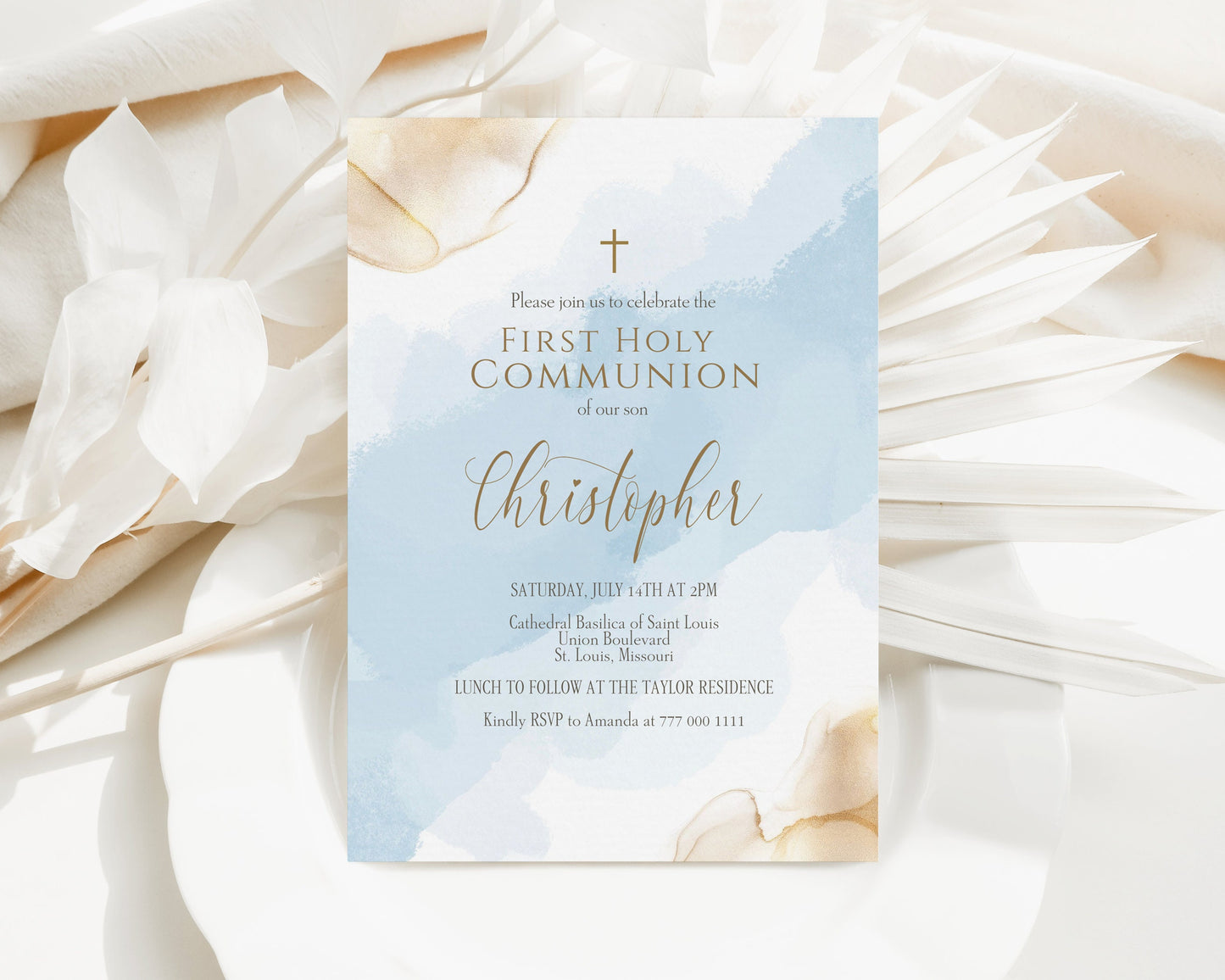 Boy First Holy Communion Invitation Template Printable, Editable Blue Gold Watercolor Boy 1st Communion Invite, Email Text Message Evite