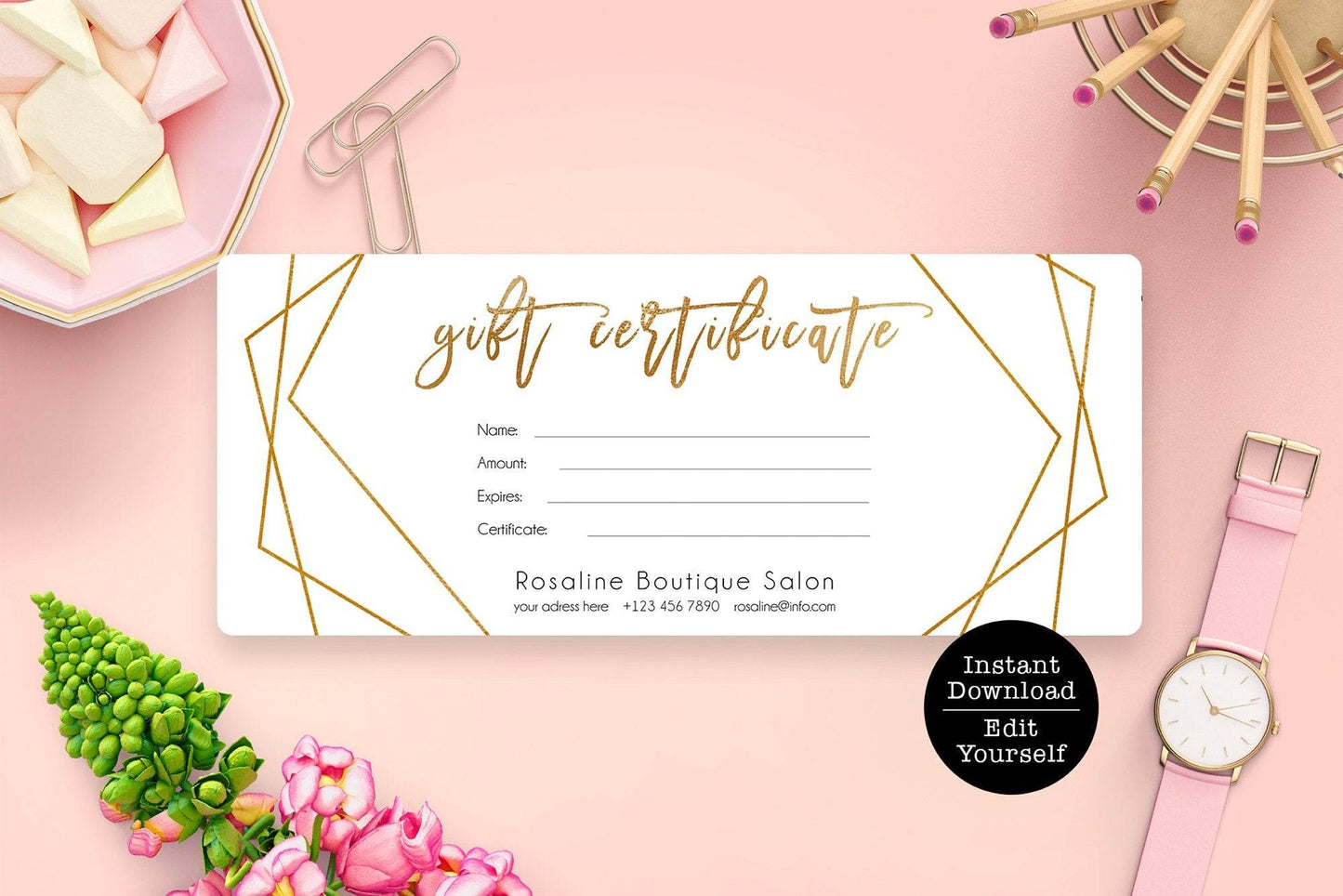 Editable Gift Certificate Template – Geometric Gold Gift Card Template – Printable Gift Voucher – Shop Voucher – Digital Editable Gift Card