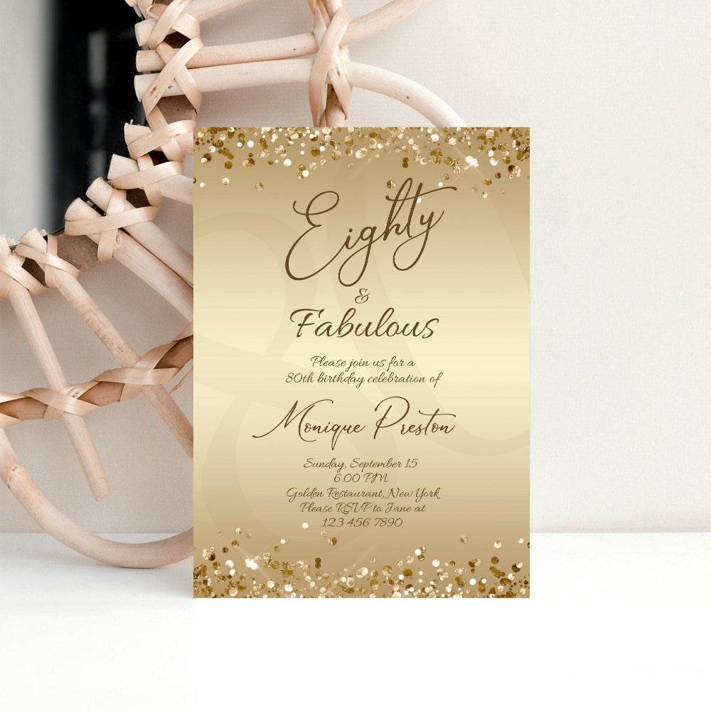 Gold 80th Birthday Invitation Template – Printable “Eighty & Fabulous” Party Invite | Editable Surprise Dinner Invite for Ladies | Digital Download
