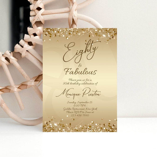 Gold 80th Birthday Invitation Template – Printable “Eighty & Fabulous” Party Invite | Editable Surprise Dinner Invite for Ladies | Digital Download