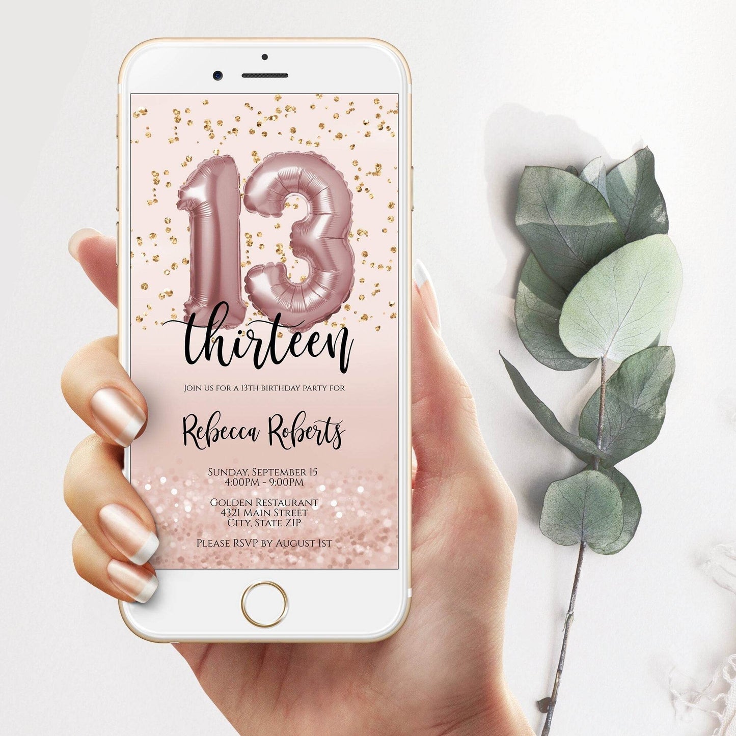 13th Birthday Invitation Electronic, Thirteen Editable Invite for girl, 13, Email Invite, Evite, Digital Template, Phone text message, Corjl