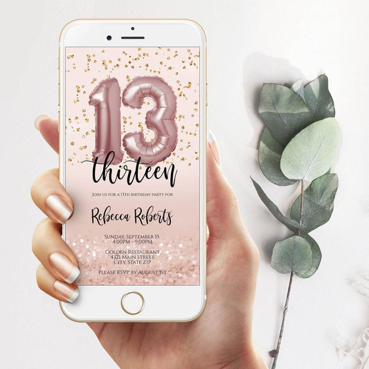 13th Birthday Invitation Electronic, Thirteen Editable Invite for girl, 13, Email Invite, Evite, Digital Template, Phone text message, Corjl - MagicalEventCo