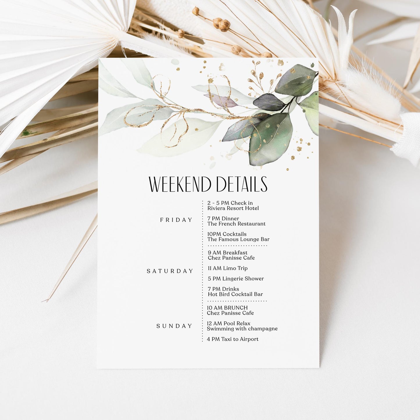Editable Greenery Wedding Itinerary Card Template, Eucalyptus Wedding Weekend Details Template, Digital Timeline Schedule Weekend Events