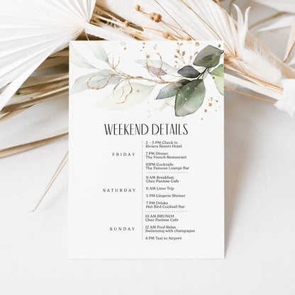 Editable Greenery Wedding Itinerary Card Template, Eucalyptus Wedding Weekend Details Template, Digital Timeline Schedule Weekend Events