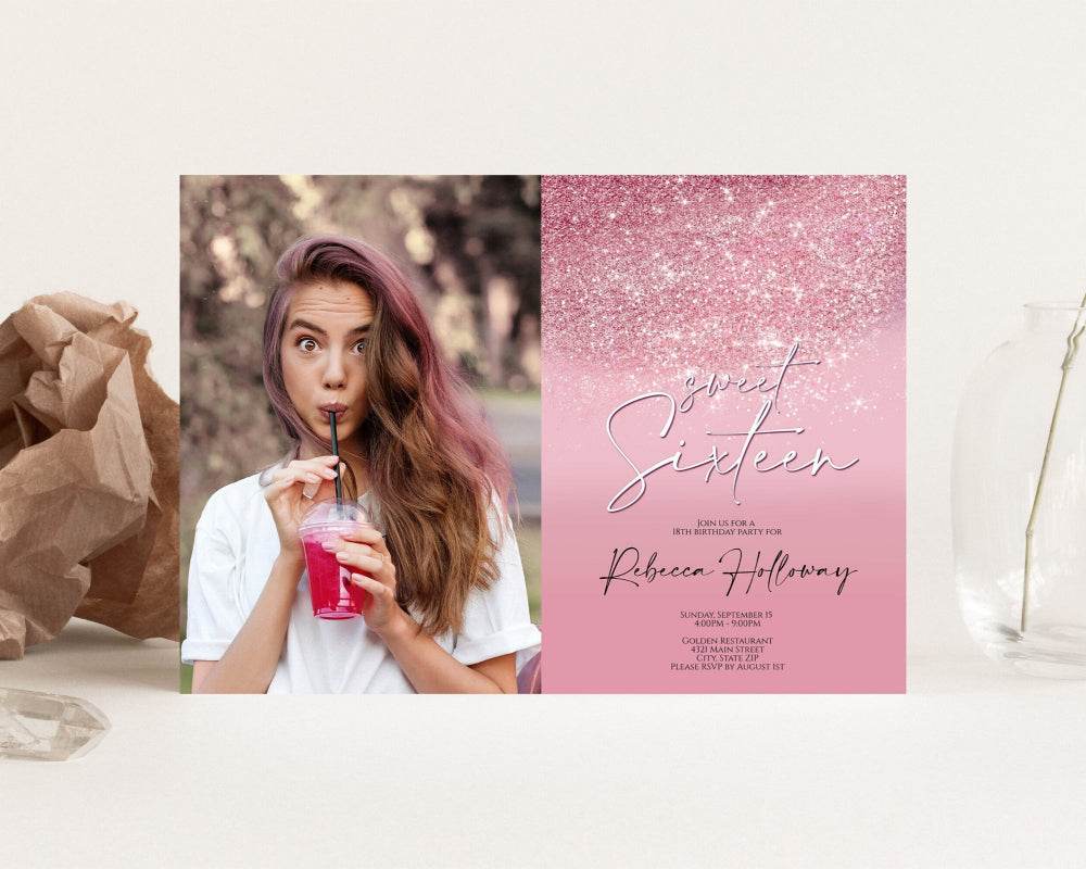 Sweet 16 Pink Rose Gold Glitter Photo Birthday Invitation, Editable Template, 5x7, Printable Invitation, Sixteen Party, Instant Download DIY