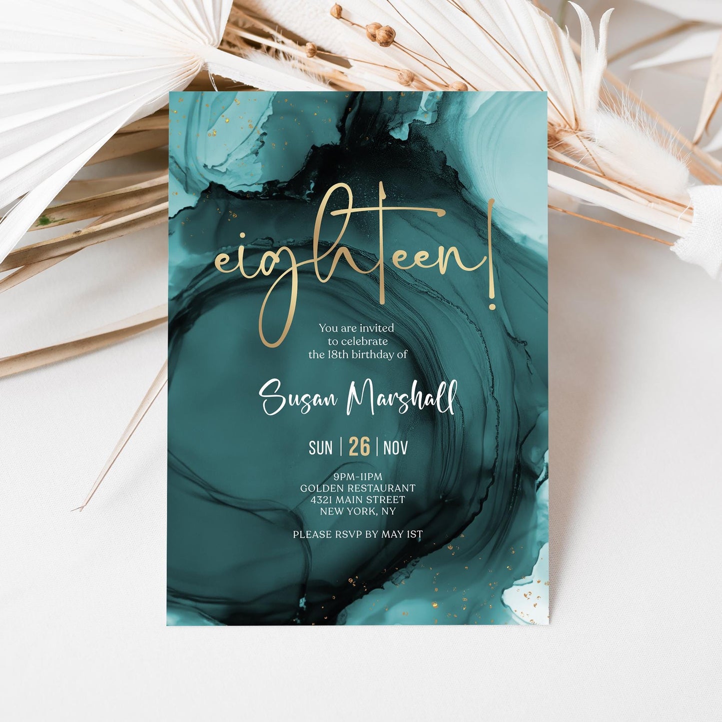 Teal Gold 18th Eighteen Birthday Invitation Template, Printable Boy Girl Birthday Party Invite, Editable Surprise Invite, Digital Download
