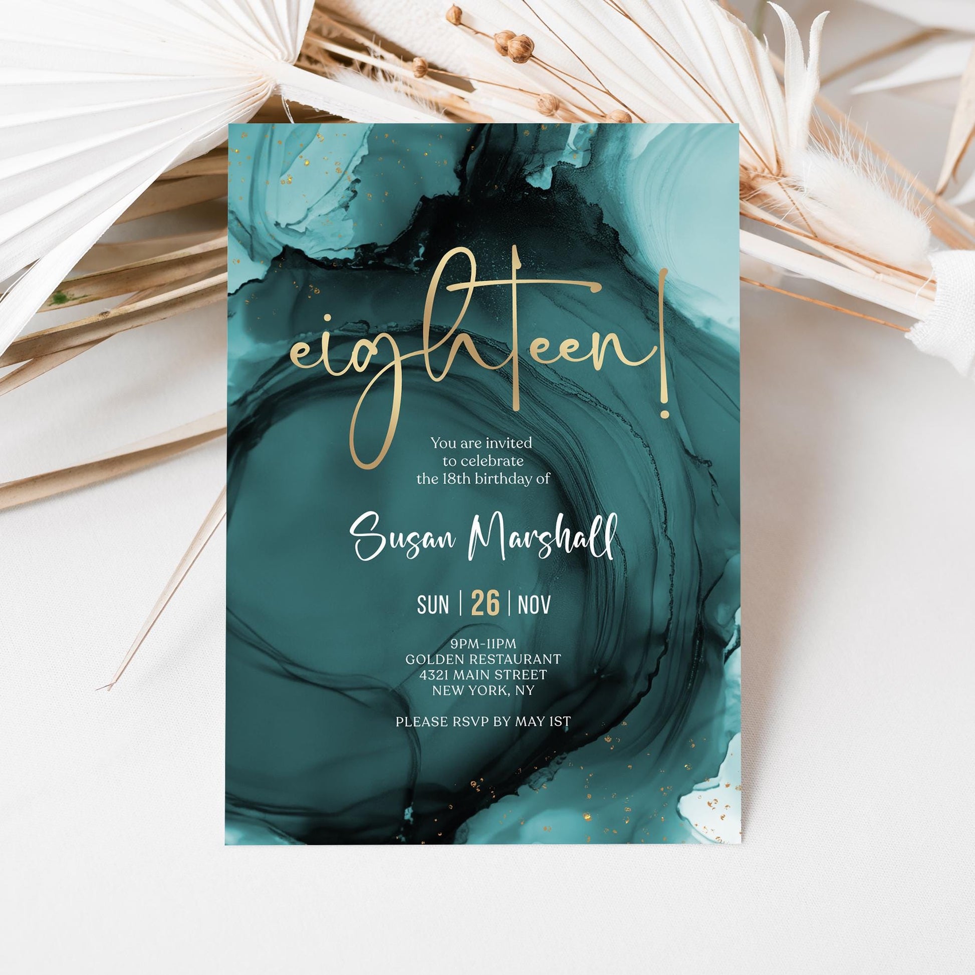 Teal Gold 18th Eighteen Birthday Invitation Template, Printable Boy Girl Birthday Party Invite, Editable Surprise Invite, Digital Download