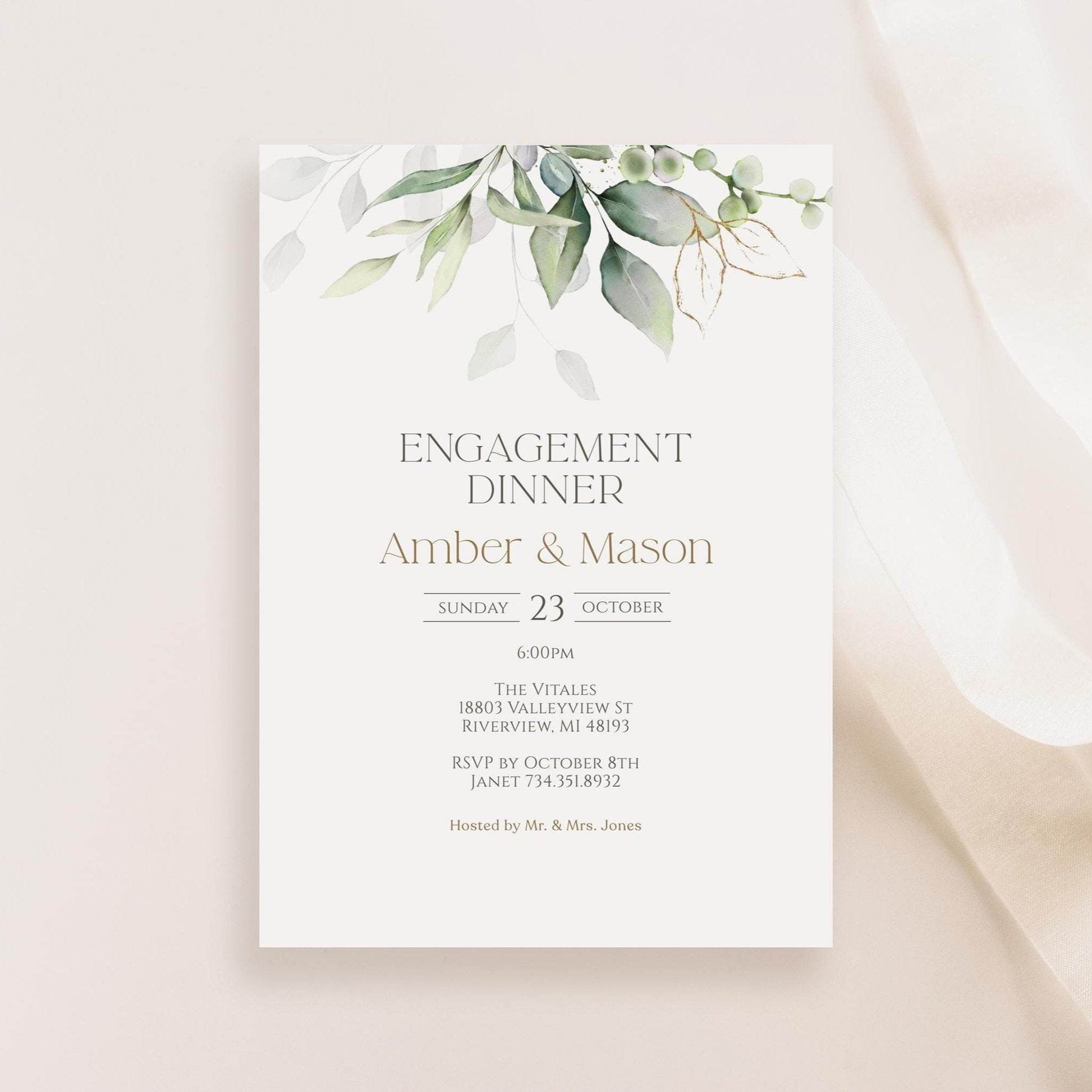 Greenery Engagement Dinner Party Invitation Template – Minimalist Editable Engagement Invite | Printable Invitation Card | Instant Download