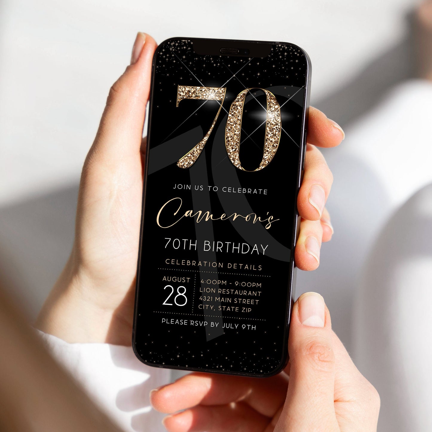 Luxury Digital 70th Seventy Birthday Evite Invitation Template, Electronic Black Gold Modern Invite, Email Text Message Evite, Phone Invite