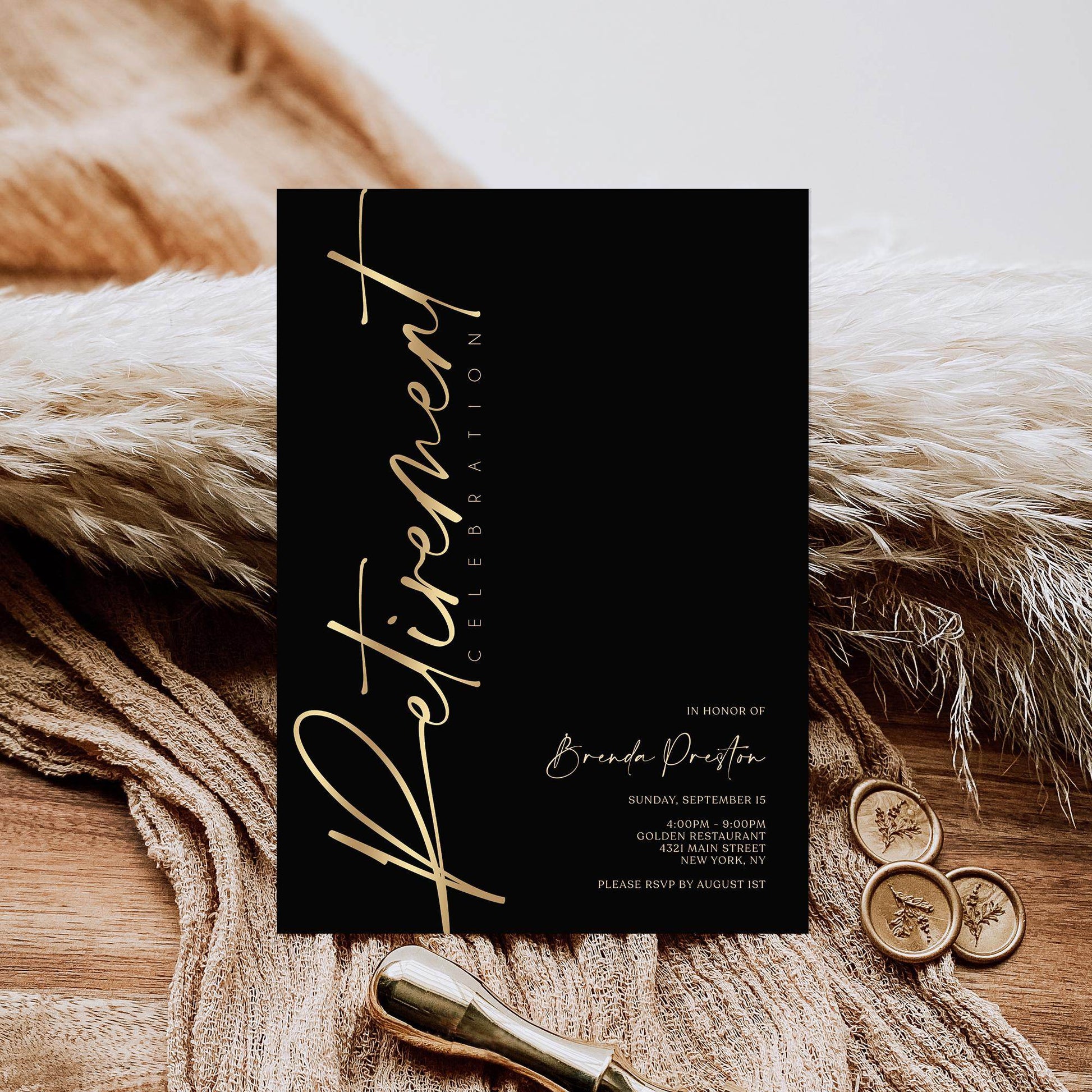 Black Gold Retirement Invitation, Printable Elegant Retirement Party Invite, Editable Retirement Card Template, Digital Instant Download