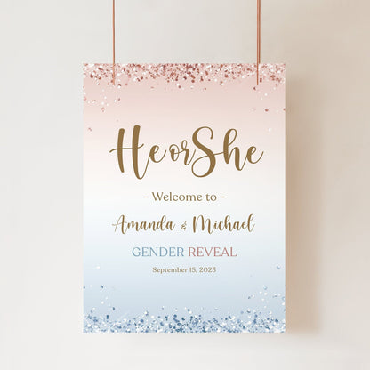Printable He or She Welcome Sign Template, Gender Reveal Party Sign Decoration, Baby Shower Welcome Sign, Editable Boy or Girl Welcome Sign