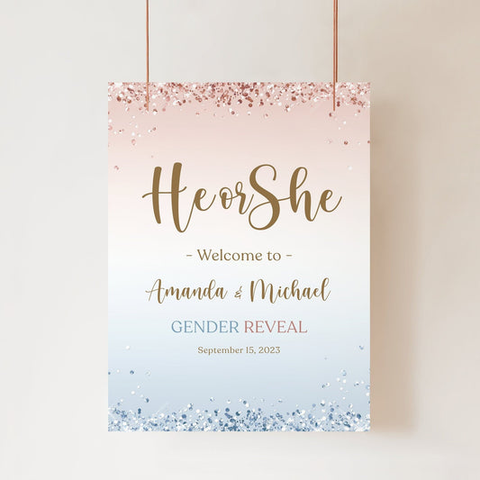 Printable He or She Welcome Sign Template, Gender Reveal Party Sign Decoration, Baby Shower Welcome Sign, Editable Boy or Girl Welcome Sign