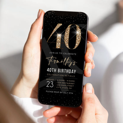 Luxury Digital 40th Forty Birthday Evite Invitation Template, Electronic Black Gold Modern Invite, Email Text Message Evite, Phone Invite