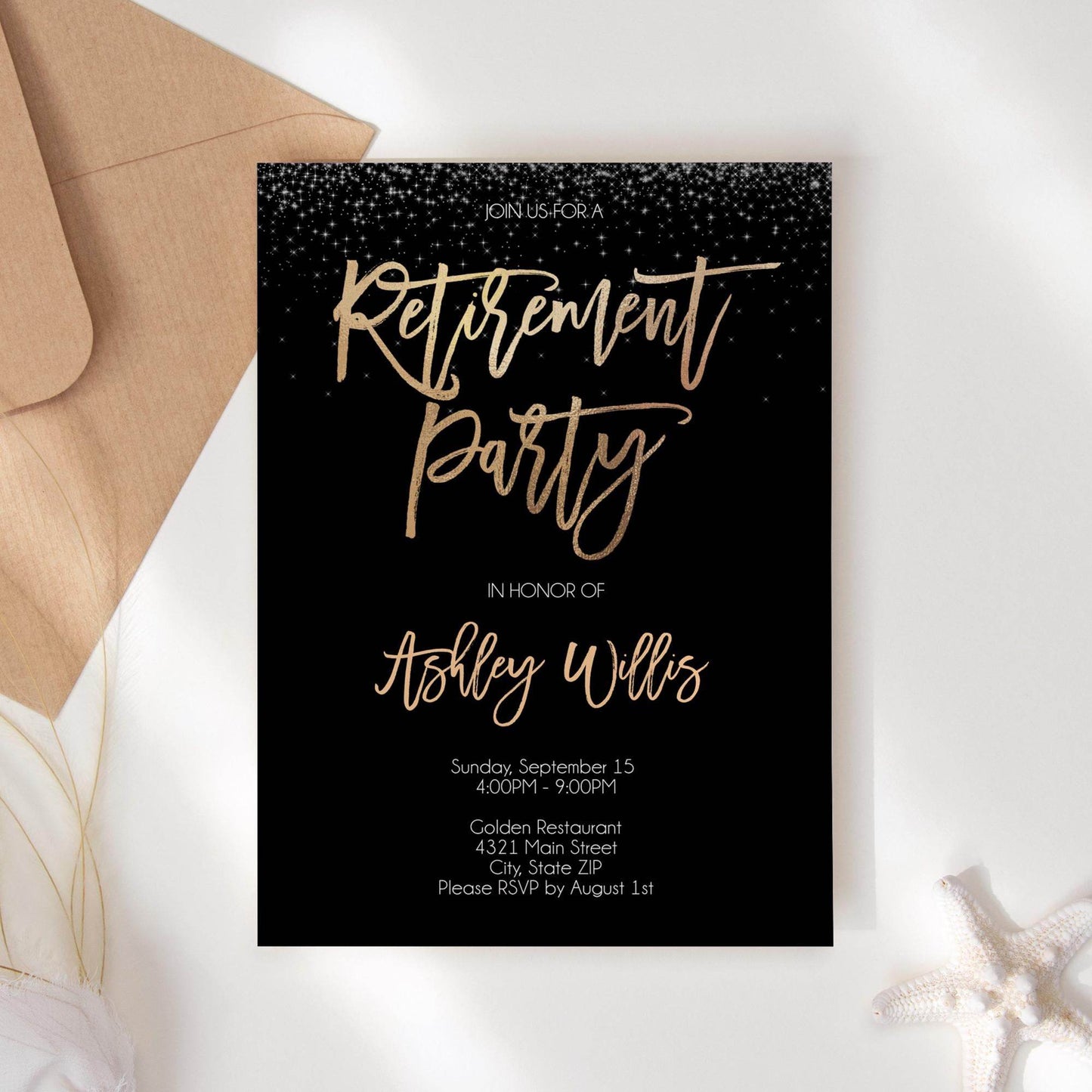 Retirement Party Invitation Template Printable, Editable Black Gold Invite, Elegant Gold Foil Card, Digital Download, Instant Evite