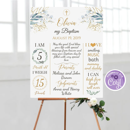 Greenery Baptism Milestone Sign | Printable Chalkboard | Gold Baptism Decorations