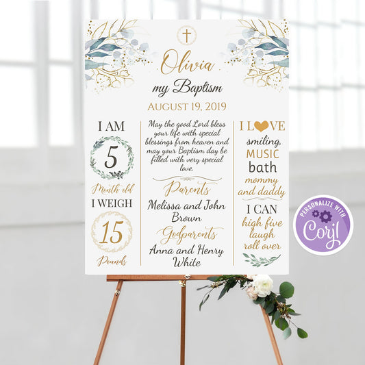 Greenery Baptism Milestone Sign | Printable Chalkboard | Gold Baptism Decorations