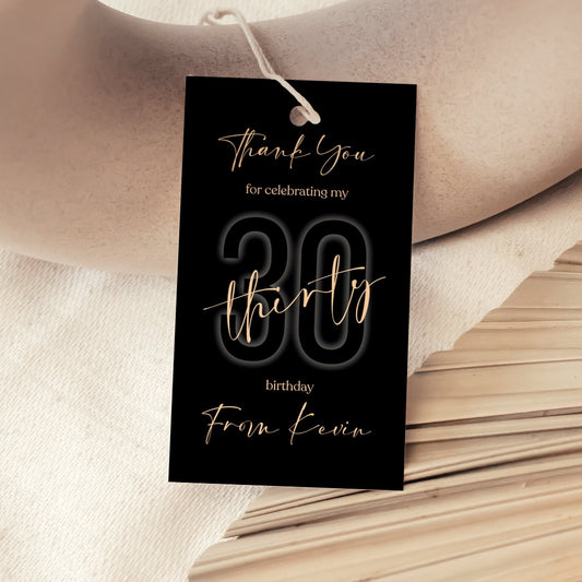 Black Gold Birthday Favor Tag | Editable Thank You Tag Template | 30th or Any Age Printable Party Tags | Modern DIY Instant Download