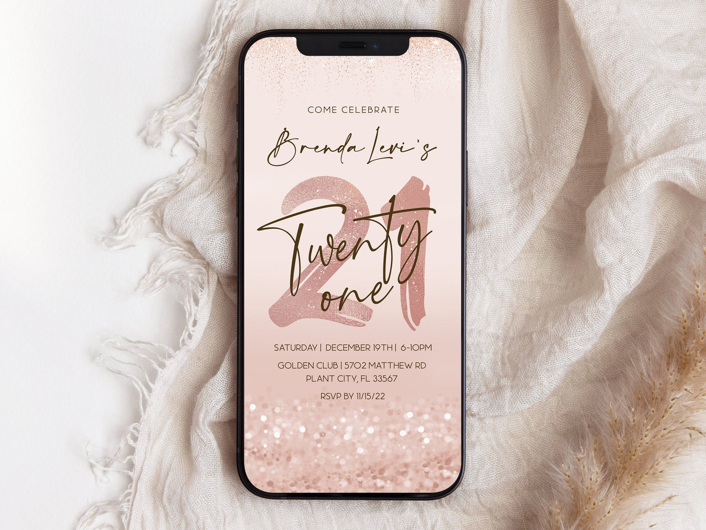 Digital 21st Twenty One Birthday Text Invitation Template, Editable Phone Invitation, Rose Gold Foil Smartphone Invite, DIY Electronic Evite