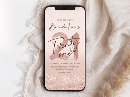 Digital 21st Twenty One Birthday Text Invitation Template, Editable Phone Invitation, Rose Gold Foil Smartphone Invite, DIY Electronic Evite