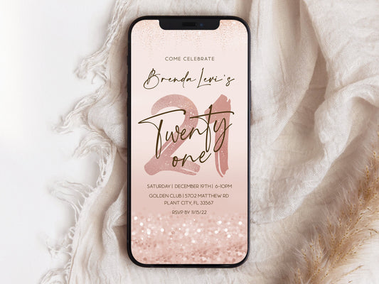 Digital 21st Twenty One Birthday Text Invitation Template, Editable Phone Invitation, Rose Gold Foil Smartphone Invite, DIY Electronic Evite