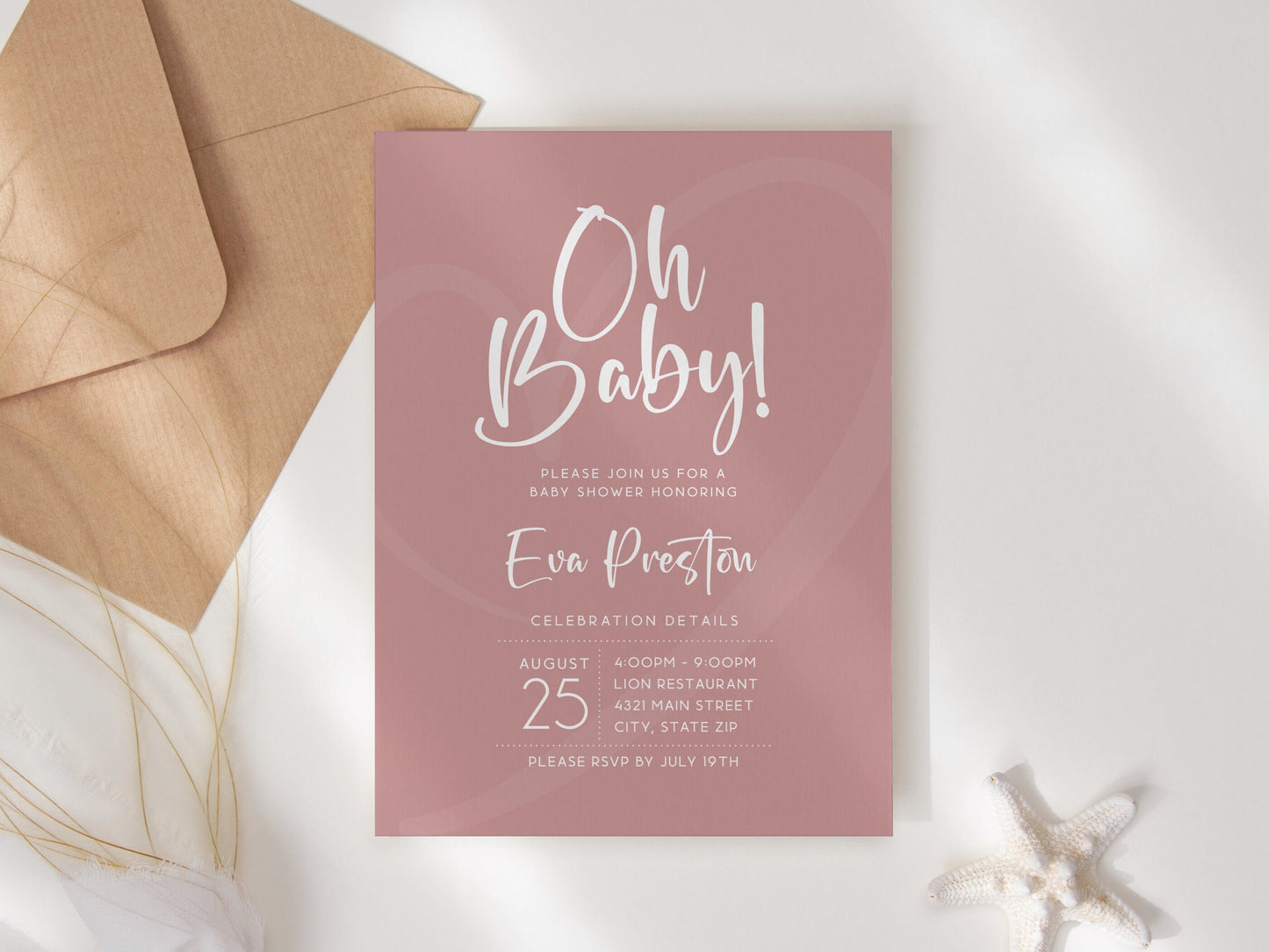Simple Dusty Pink Baby Shower Invitation Template, Printable Girl Baby Shower Invite Template, Dusty Rose Editable Template, Oh Baby, It's A Girl