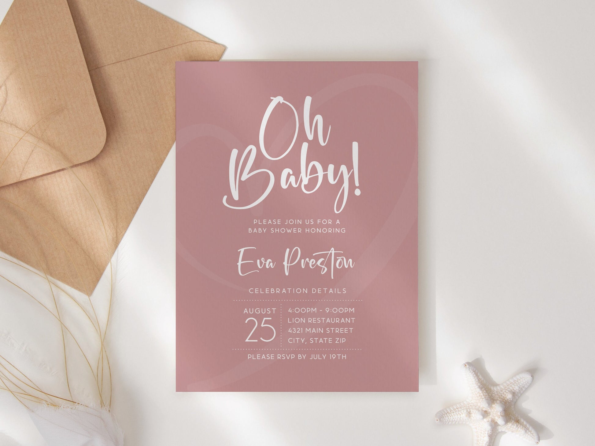 Simple Dusty Pink Baby Shower Invitation Template, Printable Girl Baby Shower Invite Template, Dusty Rose Editable Template, Oh Baby, It's A Girl