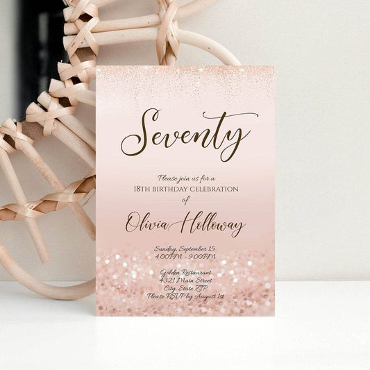 Luxury 70th Birthday Invitation – Editable Rose Gold Glitter Seventy Invite – Digital Text Message or Printable Template – Instant Download