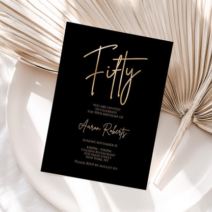 Editable Fifty 50th Birthday invitation template, Printable Black Gold Foil Birthday Invite, 5x7 Digital Card Template, Email Text Message