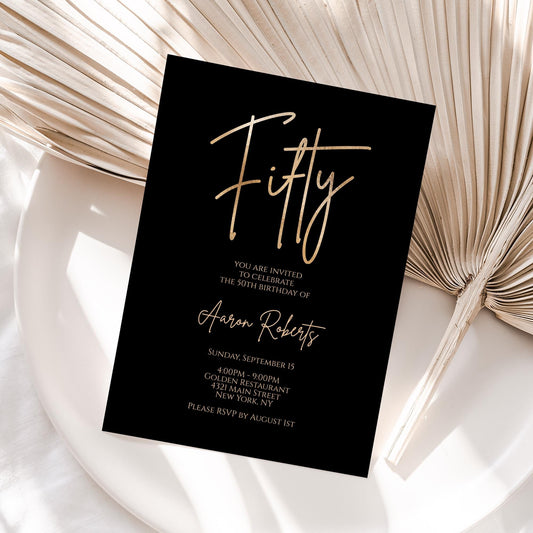 Editable Fifty 50th Birthday invitation template, Printable Black Gold Foil Birthday Invite, 5x7 Digital Card Template, Email Text Message