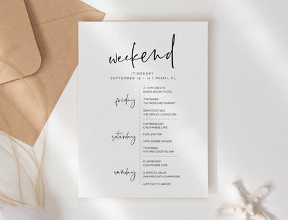 Simple Weekend Itinerary Template, Editable Minimalist Hen Party & Bachelorette Weekend Schedule, Printable Birthday Itinerary, Instant Download