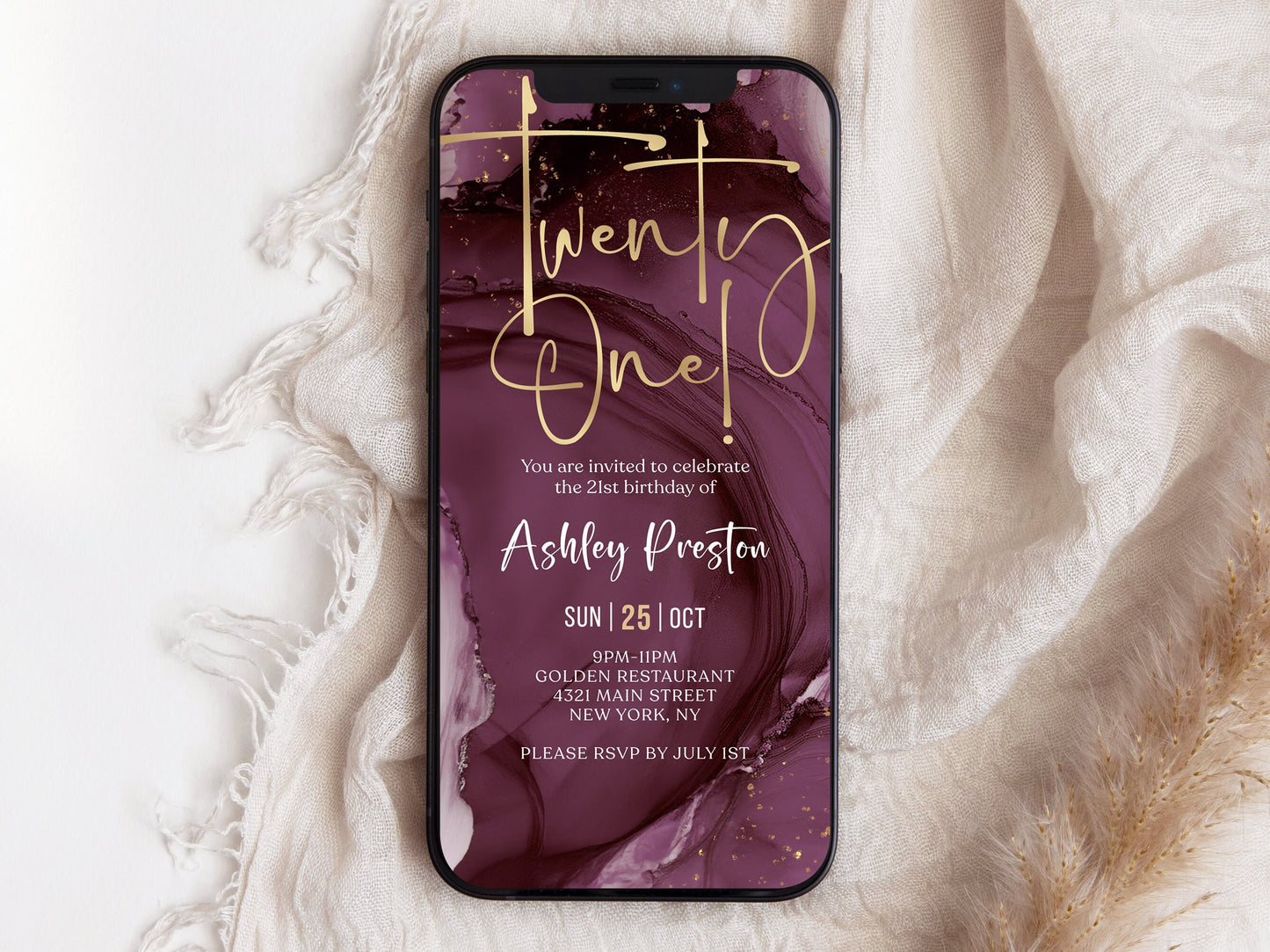 Digital 21st Birthday Invitation, Twenty One Purple Girls 21 Invite For Her, Electronic Self Editable Template eCard, Text Message Evite